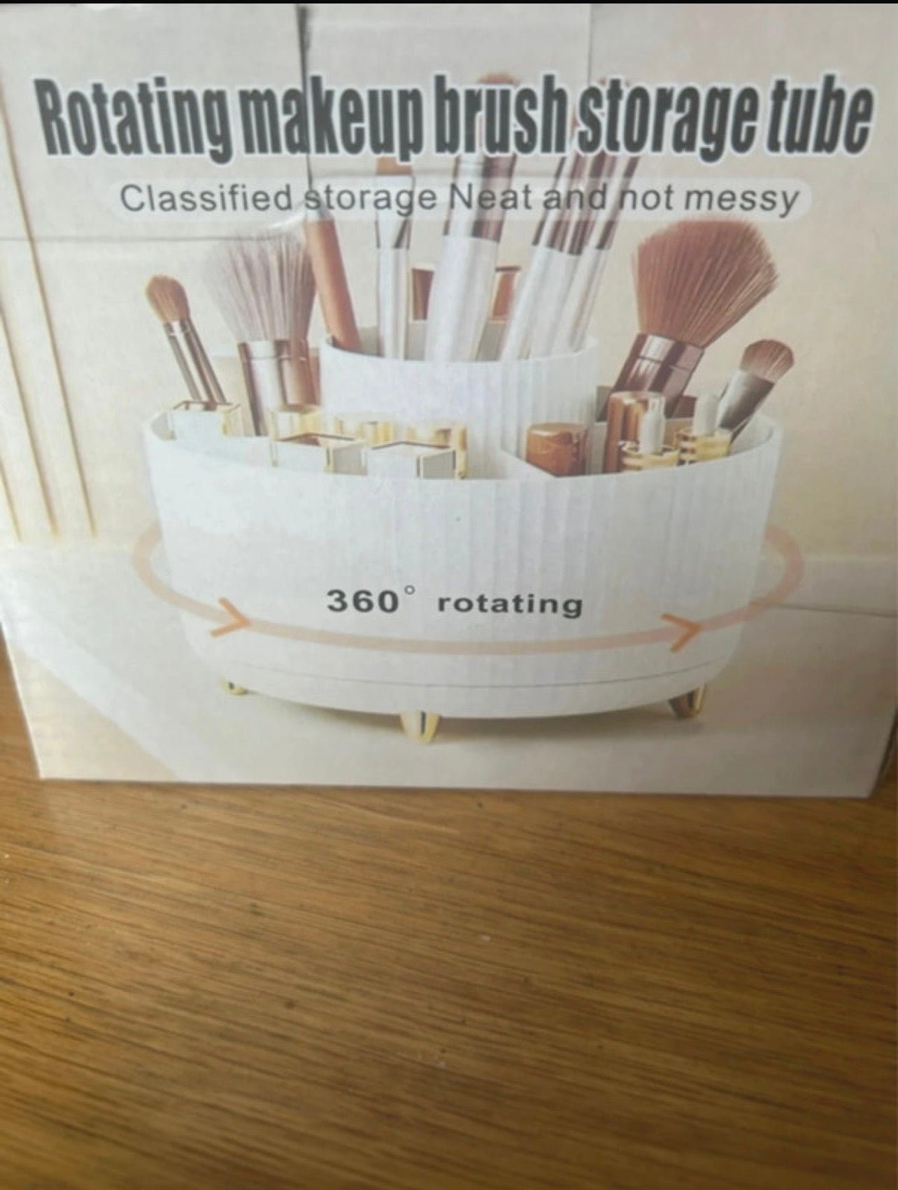 360 degree rotating makeup brush holder in white with gold legs