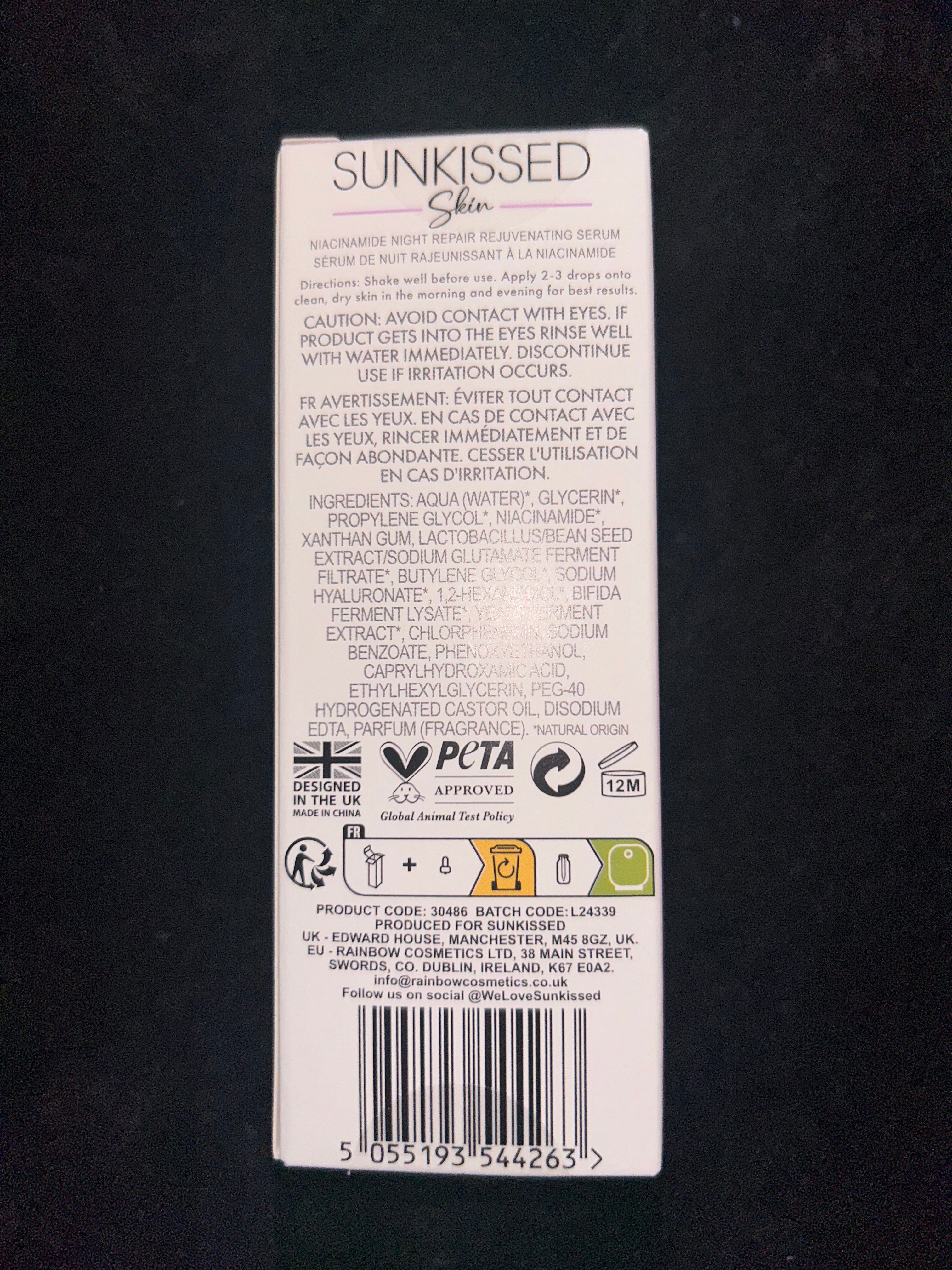 Sunkissed Niacinamide Night Repair Rejuvenating Serum 30ml - enriched with Niacinamide - 95% Natural Formula - Vegan