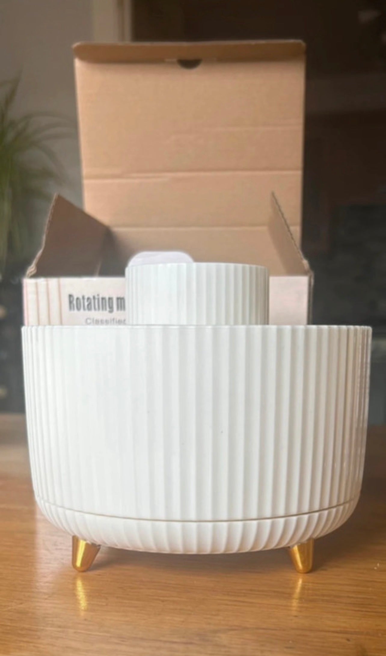 360 degree rotating makeup brush holder in white with gold legs